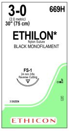 Suture, Ethicon Black, 30": FS-1 Cutting, size 3-0