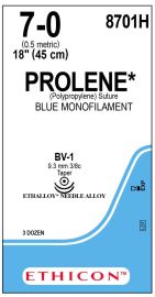 Suture, size 7-0, Prolene blue 18"BV-1, taper, double armed